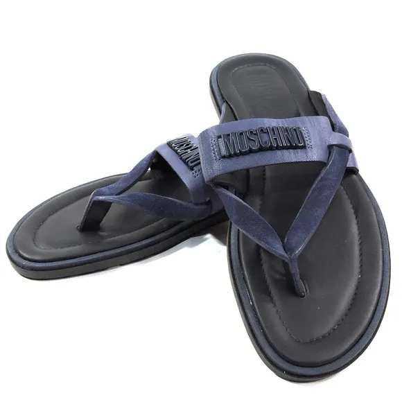 MOSCHINO 🇮🇹 MEN'S BLUE SOFT LEATHER COMFORT FLAT SUMMER SANDALS
