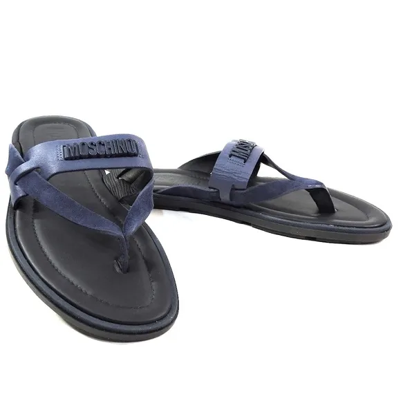 MOSCHINO 🇮🇹 MEN'S BLUE SOFT LEATHER COMFORT FLAT SUMMER SANDALS