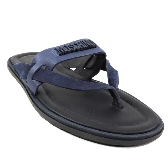 MOSCHINO 🇮🇹 MEN'S BLUE SOFT LEATHER COMFORT FLAT SUMMER SANDALS