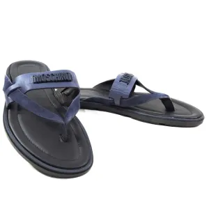 MOSCHINO 🇮🇹 MEN'S BLUE SOFT LEATHER COMFORT FLAT SUMMER SANDALS