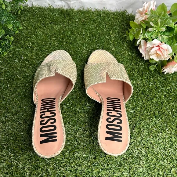 Moschino Women's Gold Snake Slide Sandals size 37 US 7 new( missing Letter Logo)