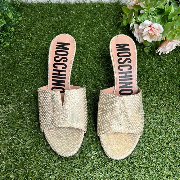 Moschino Women's Gold Snake Slide Sandals size 37 US 7 new( missing Letter Logo)