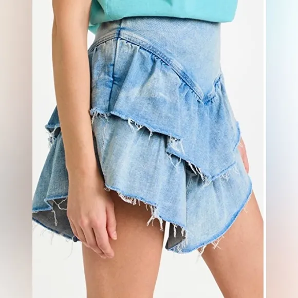 Mother faded denim SKIRT, tiered ruffle mini raw edge denim, size 33