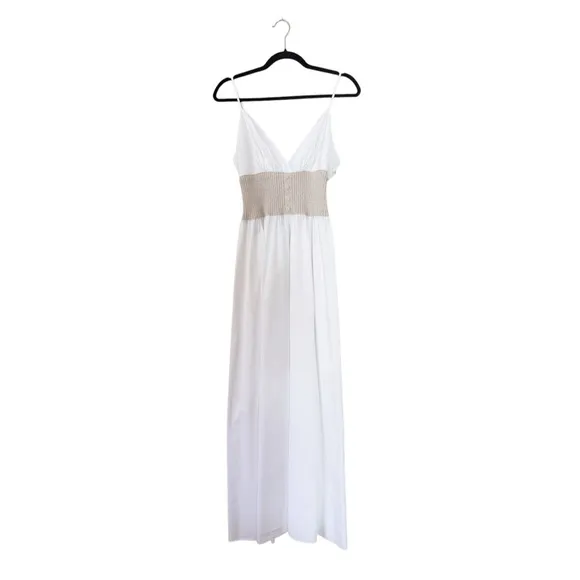 Naadam White Cotton Cashmere Spaghetti Strap V-Neck Long Maxi Flowy Dress XL