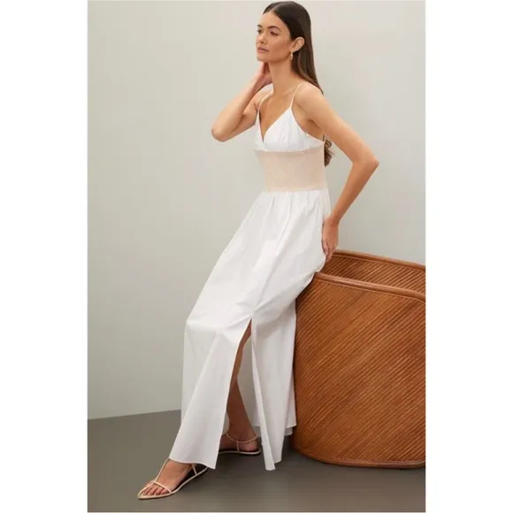 Naadam White Cotton Cashmere Spaghetti Strap V-Neck Long Maxi Flowy Dress XL