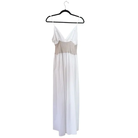 Naadam White Cotton Cashmere Spaghetti Strap V-Neck Long Maxi Flowy Dress XL