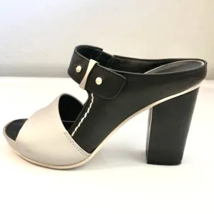 NAKED FEET Tyngg Leather Platform Mule Block Heel Sandals Black\Grey 6.5