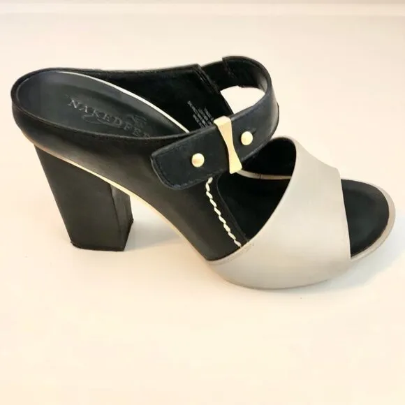 NAKED FEET Tyngg Leather Platform Mule Block Heel Sandals Black\Grey 6.5