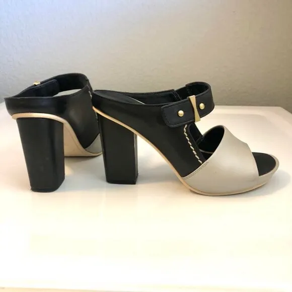 NAKED FEET Tyngg Leather Platform Mule Block Heel Sandals Black\Grey 6.5