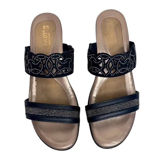 Naot Contempo Sandals Jet Black &amp; Bronze Leather SZ 40 EU, 9 US