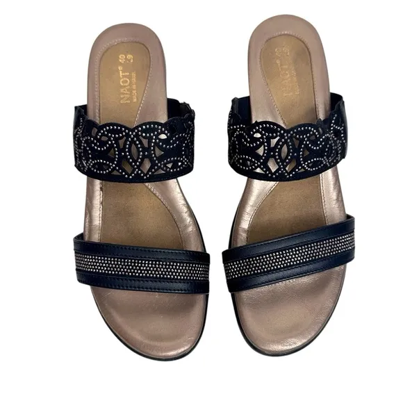 Naot Contempo Sandals Jet Black &amp; Bronze Leather SZ 40 EU, 9 US