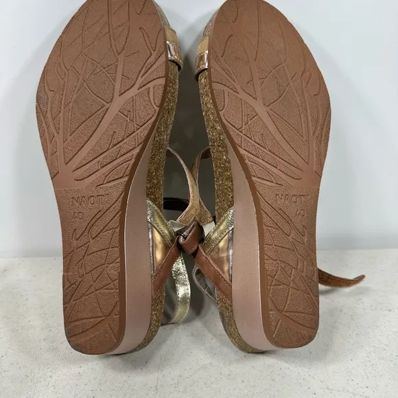 NAOT Hero Brown/Radiant Gold Leather Strappy Comfort Wedge Sandals Sz 9-40
