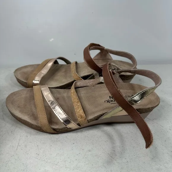 NAOT Hero Brown/Radiant Gold Leather Strappy Comfort Wedge Sandals Sz 9-40