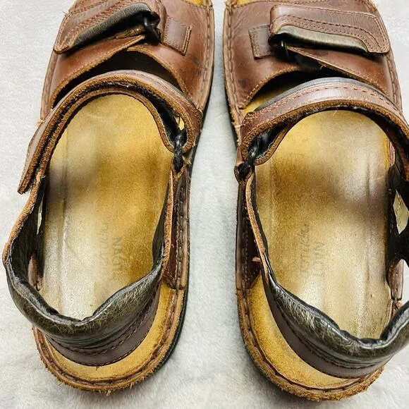 NAOT Lappland Sandals Mens 47/ US 14-14.5 Brown Leather Hook Loop Strap Comfort