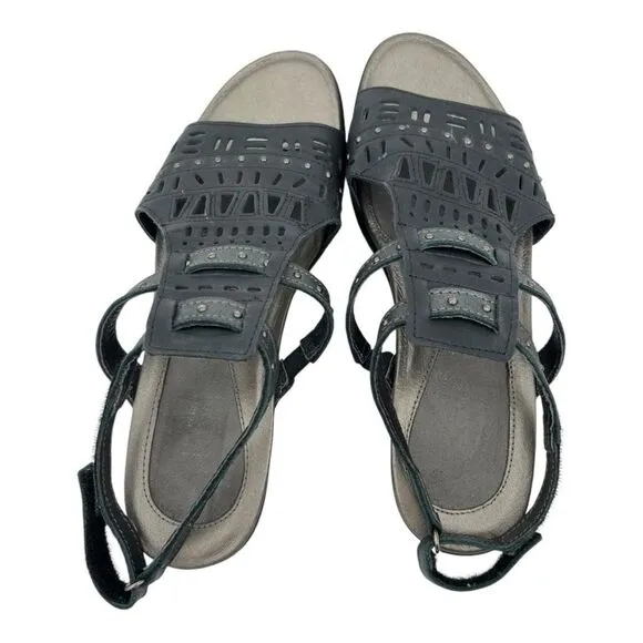 Naot Women's Leather Rivet Vogue Strappy Heels Brushed Metallic Black/Grey Sz 39