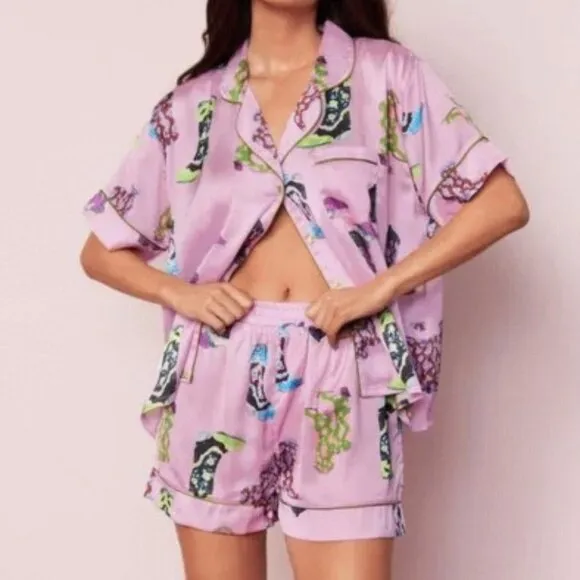 Nasty Gal Satin Cowboy Boots Pajama Shorts Set  NWT