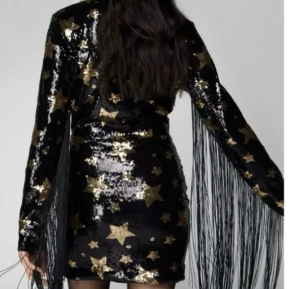 Nasty Gal Star Sequin Plunge Neck Fringe Dress 6