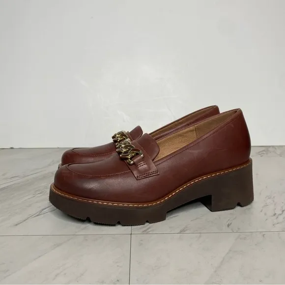 Naturalizer Desi Brown Leather Heeled Chain Detail Loafer 6M