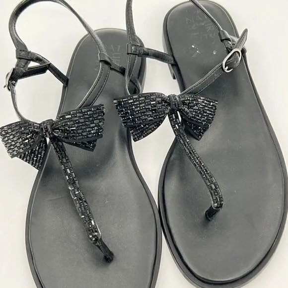 NATURALIZER Florita Bow Sandals Black Satin Stones size 12 Flat Sling Back