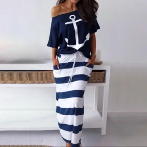 Nautical Navy and White Striped Skirt and top set xl