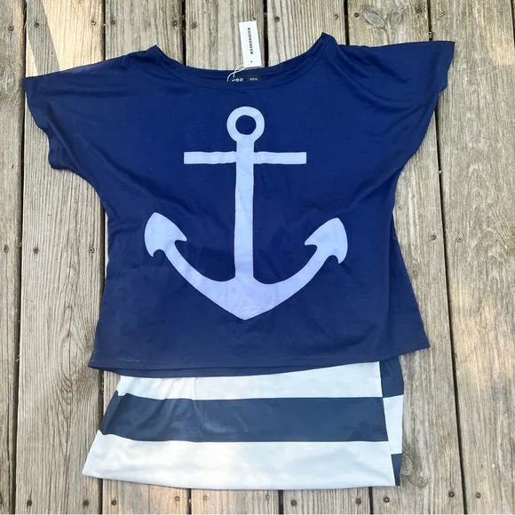 Nautical Navy and White Striped Skirt and top set xl