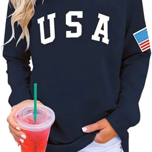 Navy Blue Americana USA flag Long Sleeve Graphic Crew Neck Sweater Pullover