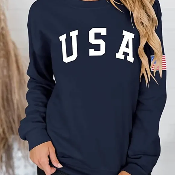 Navy Blue Americana USA flag Long Sleeve Graphic Crew Neck Sweater Pullover