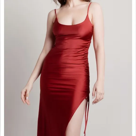 NEW &quot;Shining Star&quot; Red Ruched High Slit Maxi Dress