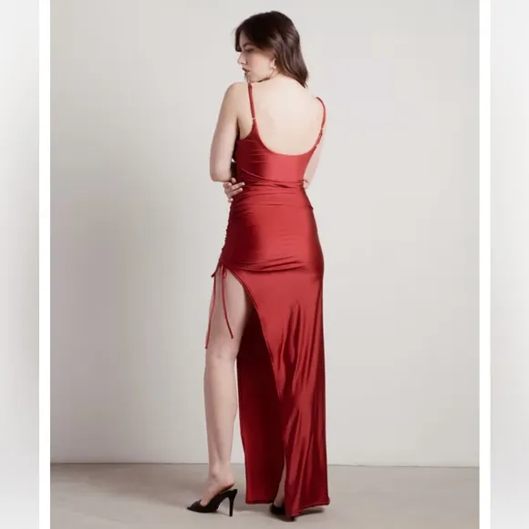NEW &quot;Shining Star&quot; Red Ruched High Slit Maxi Dress