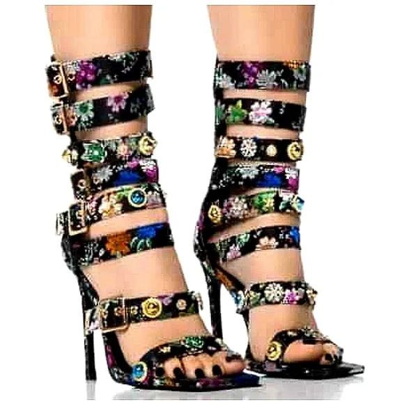 New AZALEA WANG BASE EMBELLISHED GLADIATOR SANDAL Size 10 Black