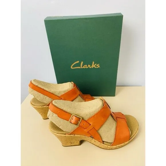 NEW! Clarks Rose Memory Orange Leather Slingback Cork Wedge Sandals Womens 7M