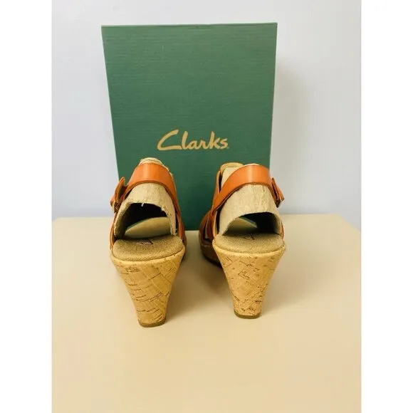 NEW! Clarks Rose Memory Orange Leather Slingback Cork Wedge Sandals Womens 7M