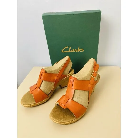 NEW! Clarks Rose Memory Orange Leather Slingback Cork Wedge Sandals Womens 7M