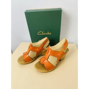 NEW! Clarks Rose Memory Orange Leather Slingback Cork Wedge Sandals Womens 7M