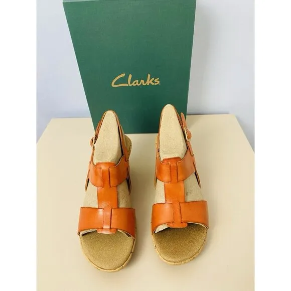 NEW! Clarks Rose Memory Orange Leather Slingback Cork Wedge Sandals Womens 7M