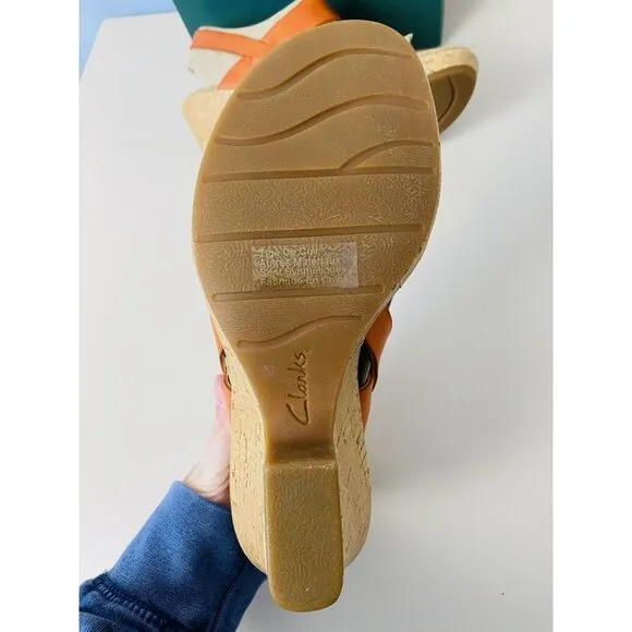 NEW! Clarks Rose Memory Orange Leather Slingback Cork Wedge Sandals Womens 7M
