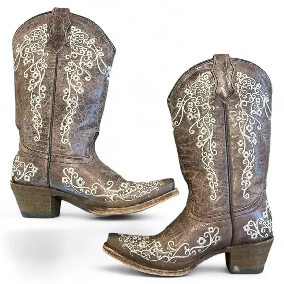 NEW! CORRAL Girls Pointed Leather Embroidered Cowboy Boots Light Brown Sz 1-2