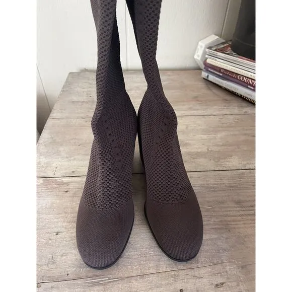 NEW Eileen Fisher Kasana Chocolate Brown Knit Wedge Boots Mesh Stretch 8 $275