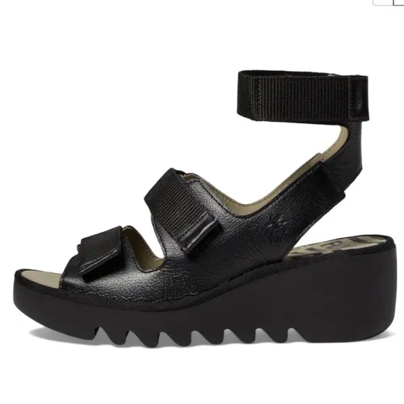 new FLY LONDON Made In Portugal Leather Bech Comfort Wedge Sandals in pe…