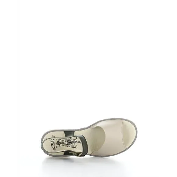NEW FLY LONDON women's tull heeled sandals in taupe/khaki