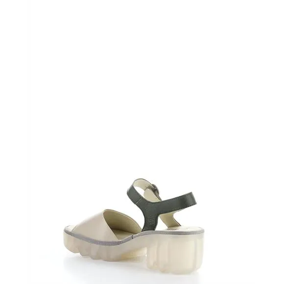 NEW FLY LONDON women's tull heeled sandals in taupe/khaki