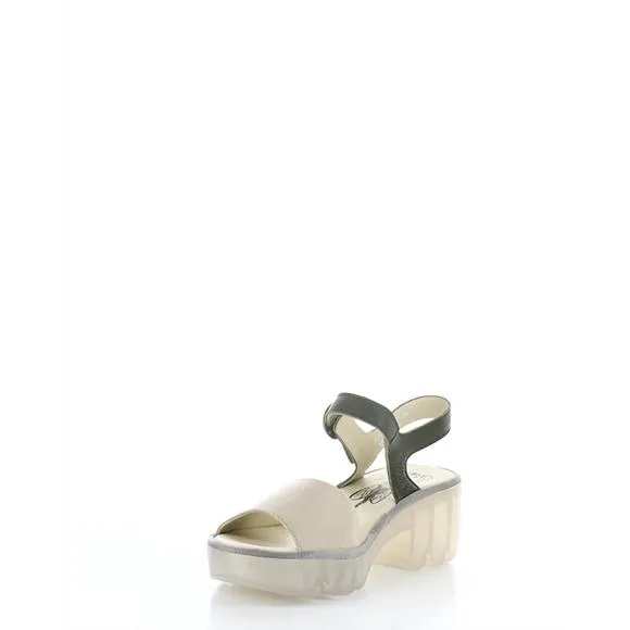 NEW FLY LONDON women's tull heeled sandals in taupe/khaki