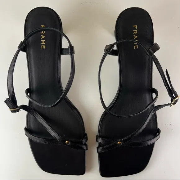NEW FRAME BLACK LEATHER STRAPPY SANDALS