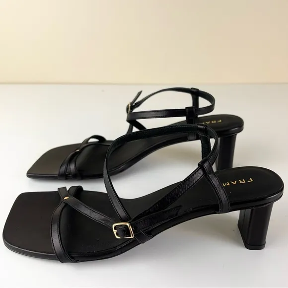 NEW FRAME BLACK LEATHER STRAPPY SANDALS