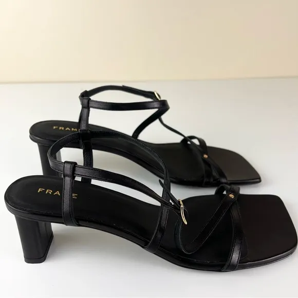 NEW FRAME BLACK LEATHER STRAPPY SANDALS