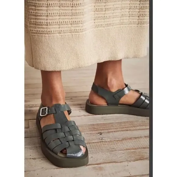 NEW Free People Finn Fisherman Platform Sandals Green Leather 37 Made In Italy