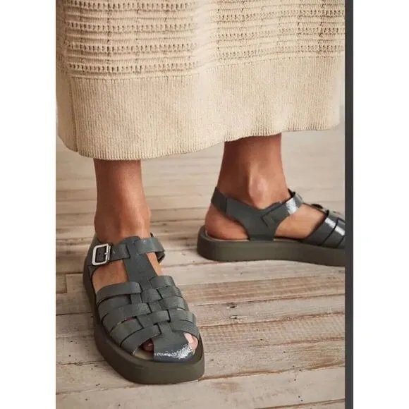 NEW Free People Finn Fisherman Platform Sandals Green Leather 37 Made In Italy