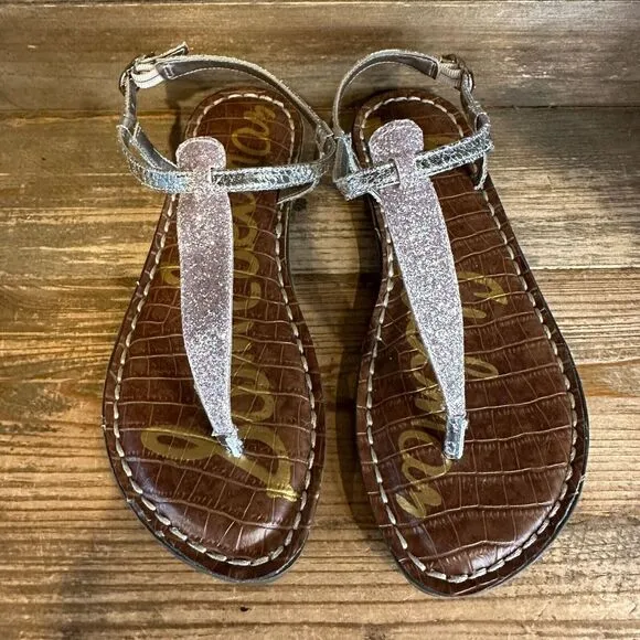 New‎ Girls Sam Edelman Gigi Silver Pink Glitter Strappy Thong Sandals Size 3 Y