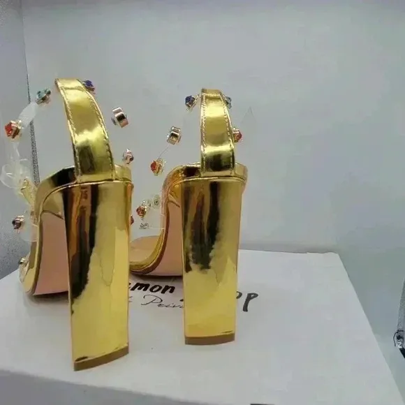 NEW IN BOX Lemon Drop by Privilege Strappy Gold Sandals 6.5 High Heel W/Stones