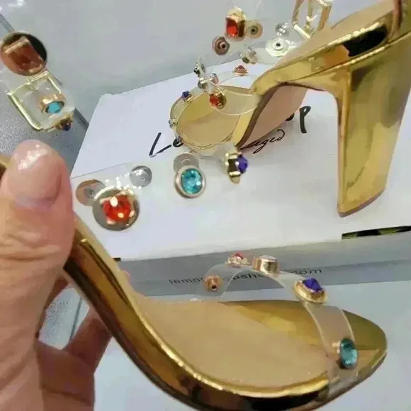 NEW IN BOX Lemon Drop by Privilege Strappy Gold Sandals 6.5 High Heel W/Stones